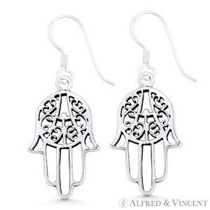 Hamsa Hand Evil Eye Luck Charm Dangling Earrings in Oxidized 925 Sterling Silver